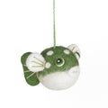 Green and white felted mouse ornament hanging on a white background