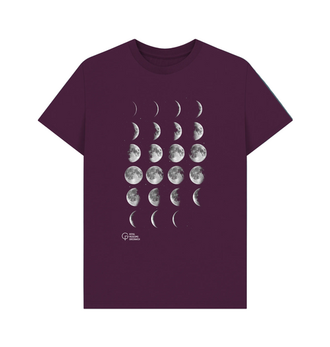 Purple t-shirt with white moon phase print and 'Royal Museums Greenwich' logo.