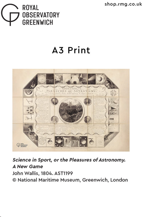 A3 print of an astronomical board game with text about the Royal Observatory Greenwich.