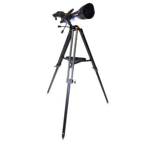 Black and blue telescope with Celestron and Royal Observatory Greenwich logos on a tripod.