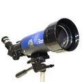 Blue and black travel telescope on a mount.