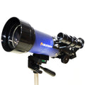 Blue and black travel telescope on a mount.