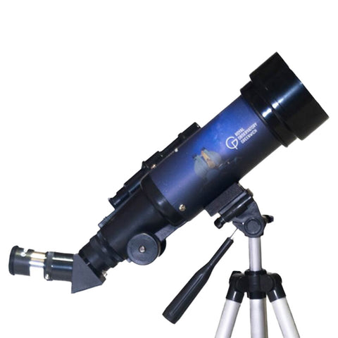 Blue and black travel telescope on a mount.