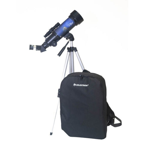 Blue and black travel telescope on a mount, next to a black carry bag.