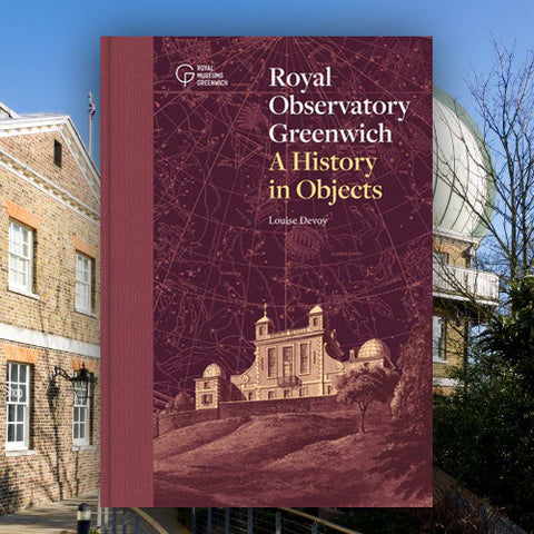 Book titled 'A History in Objects' by Louise Devey with a background of the Royal Observatory Greenwich.