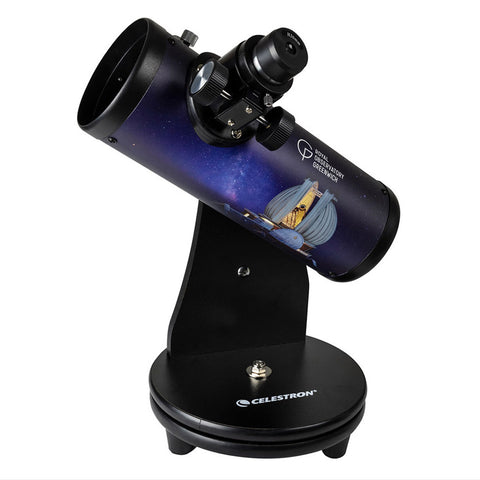 Black tabletop telescope on stand featuring a Royal Observatory Greenwich logo and image.