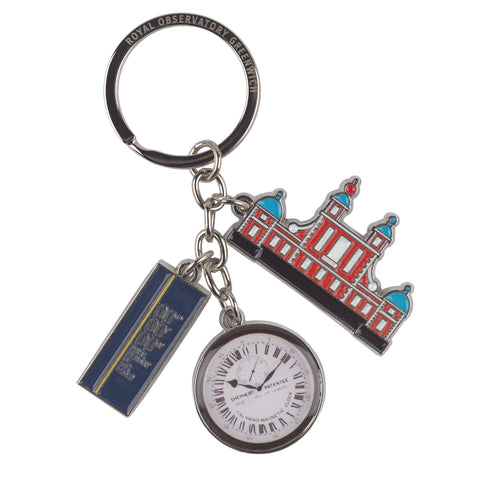 Silver keyring with three colourful charms depicting a clock, the Royal Observatory building and the Prime Meridian Line. 