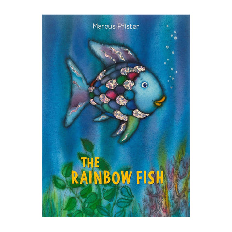 Book cover of 'The Rainbow Fish' with a colorful fish illustration on a blue underwater background.