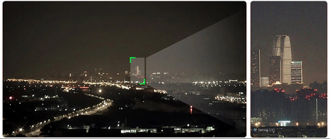 Wide angle city scape at night on left, close up zoom of a city building on right
