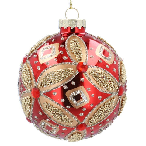 Decorative red Christmas ball ornament with gold embellishments on 
