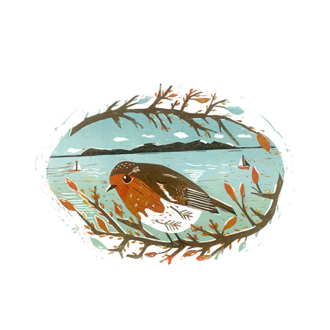 Illustration of a robin bird on a branch with a landscape background