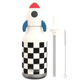 Thermos bottle with rocket design and checkered pattern, accompanied by a straw and cleaning brush 