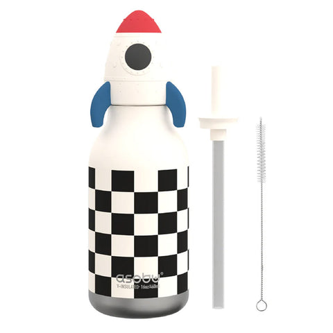 Thermos bottle with rocket design and checkered pattern, accompanied by a straw and cleaning brush 