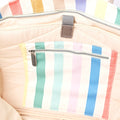 Close-up of a pastel striped bag with a zipper
