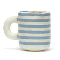 Striped mug plush toy with blue and white stripes and white handle, back