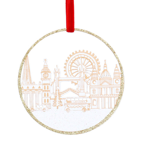 Circular hanging ornament with London landmarks and a red ribbon 