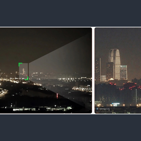 Wide angle city scape at night on left, close up zoom of a city building on right
