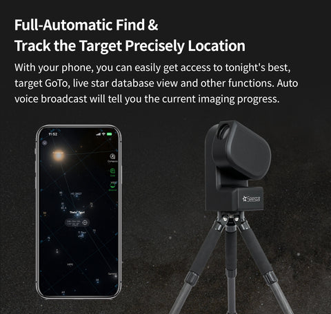 SeeStar S50 astrophotography telescope information slide showing auto tracking capabilities