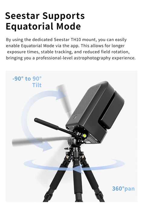 Infographic explaining S50 Seestar equatorial mode functionality with image illustrating product 90 degrees tilt and 360 degrees pan abilities