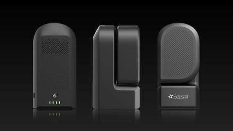 Seestar S50 astrophotography telescope front, back, and side profile views against black background