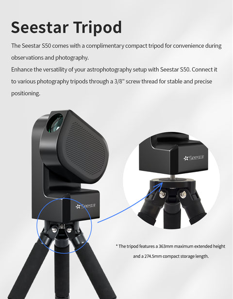 Infographic explaining Seestar S50 tripod functionality with a close up of tripod mount