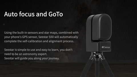 SeeStar S50 astrophotography camera in compact mode against black starry night 
