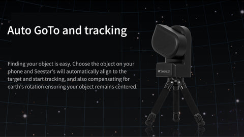 SeeStar S50 astrophotography telescope information slide showing auto tracking capabilities 