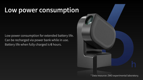 Side angle of the SeeStar S50 astrophotography telescope showing 6 hours battery life