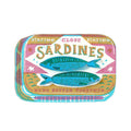 Sardine can-shaped brooch with colourful design and text