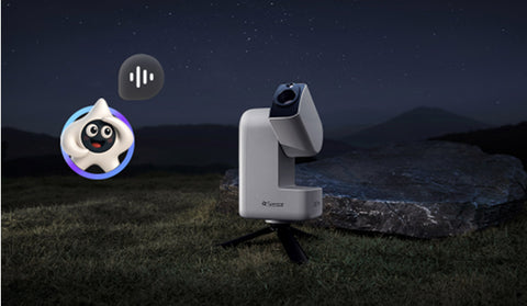 Camera on a tripod with a cartoon character icon and sound wave graphic against a dark background