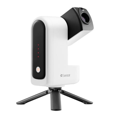White and black camera on a tripod with Seestar branding on a white background