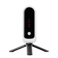 Black and white electronic device on a tripod with red indicator lights on a white background
