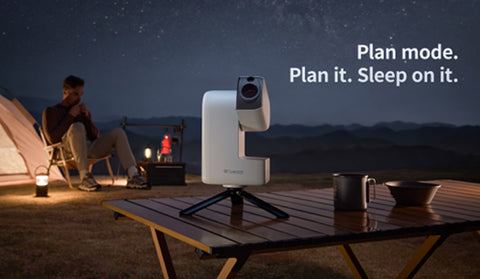 Camping scene with a telescope on a table, person sitting under a tent, and text 'Plan mode. Plan it. Sleep on it.'