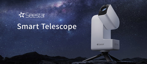 Seestar Smart Telescope against a starry night sky with the brand logo.
