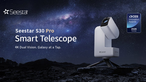 Seestar S30 Pro Smart Telescope with CES Innovation Award badge against a starry night sky.