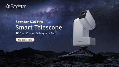 Seestar S30 Pro Smart Telescope with night sky and mountain background