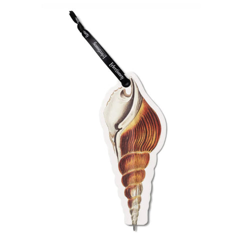 Shaped like a shell with a black pen attached 