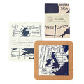 Set of coasters and tea towels with map design on a white background