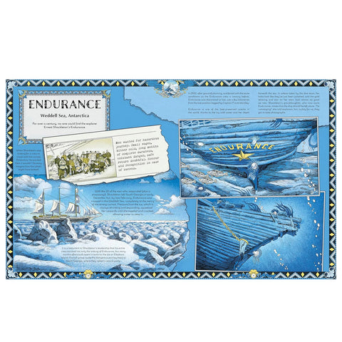 Illustrated book pages of the ship 'Endurance' with text and images on a blue background