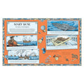 Book pages about the Mary Rose shipwreck with illustrations and text on an orange background.