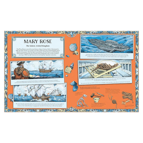 Book pages about the Mary Rose shipwreck with illustrations and text on an orange background.