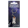 Shuttle enamel keyring on packaging with space-themed design