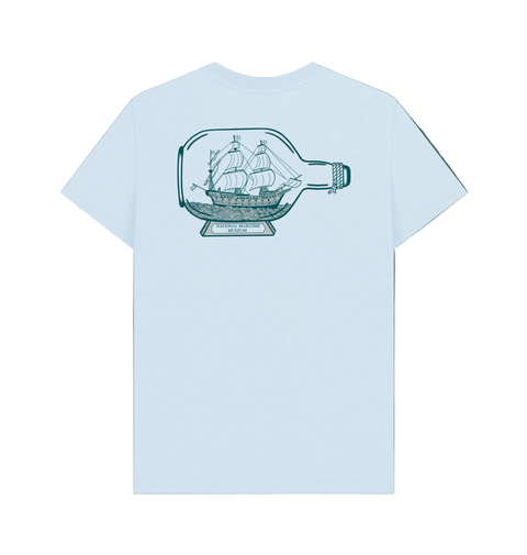 Sky Blue Organic Cotton T-Shirt with a Ship in a Bottle design