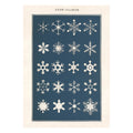 Greeting card with illustrations of snow flakes on a navy background