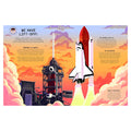 Illustration of a space shuttle launch with text on a colorful background