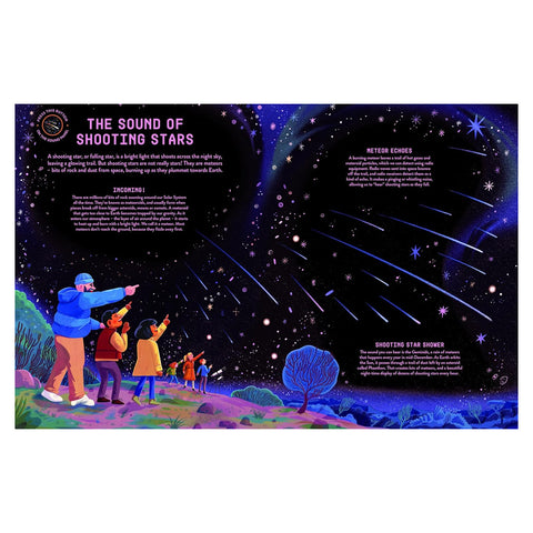 Illustration of people watching shooting stars with educational text about meteor showers.