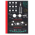 Notebook with images about the solar system with diagrams of planets and a rocket on the front cover