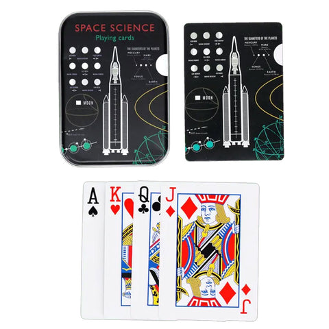 Space-themed playing cards with rocket design and space science text on the packaging.