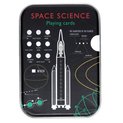 Space Science playing cards packaging with rocket illustration and space-themed design.