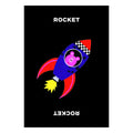 Colourful rocket design child's playing card on a black background with 'ROCKET' text.